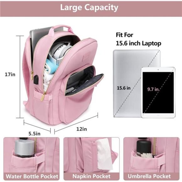 Pink Laptop Backpack Women Bookbag - 15.6 inch Computer Backpacks Purse Travel - Picture 2 of 7